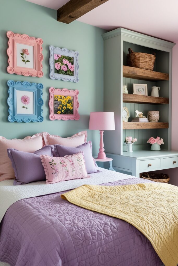 country bedroom filled with personal details—photo frames in baby blue and pink, heirloom quilt