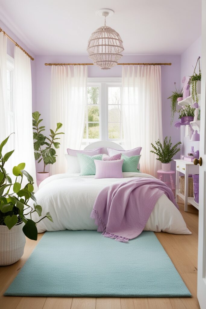 country bedroom flooded with natural light, sheer white curtains