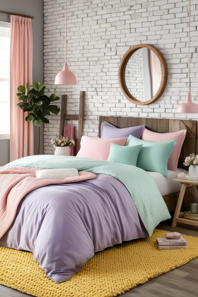 country bedroom with a whitewashed brick accent wall
