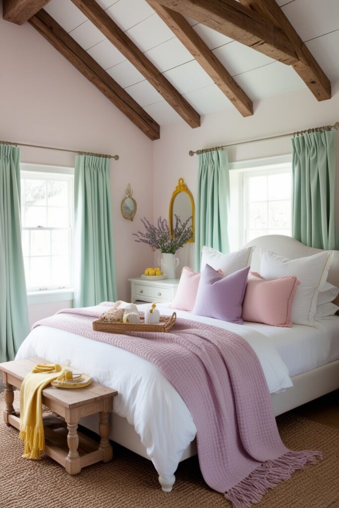 country bedroom with exposed wooden ceiling beams