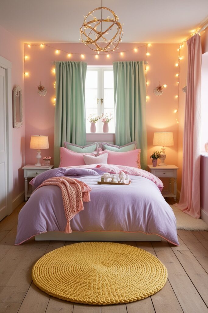 country bedroom with fairy lights and lamps