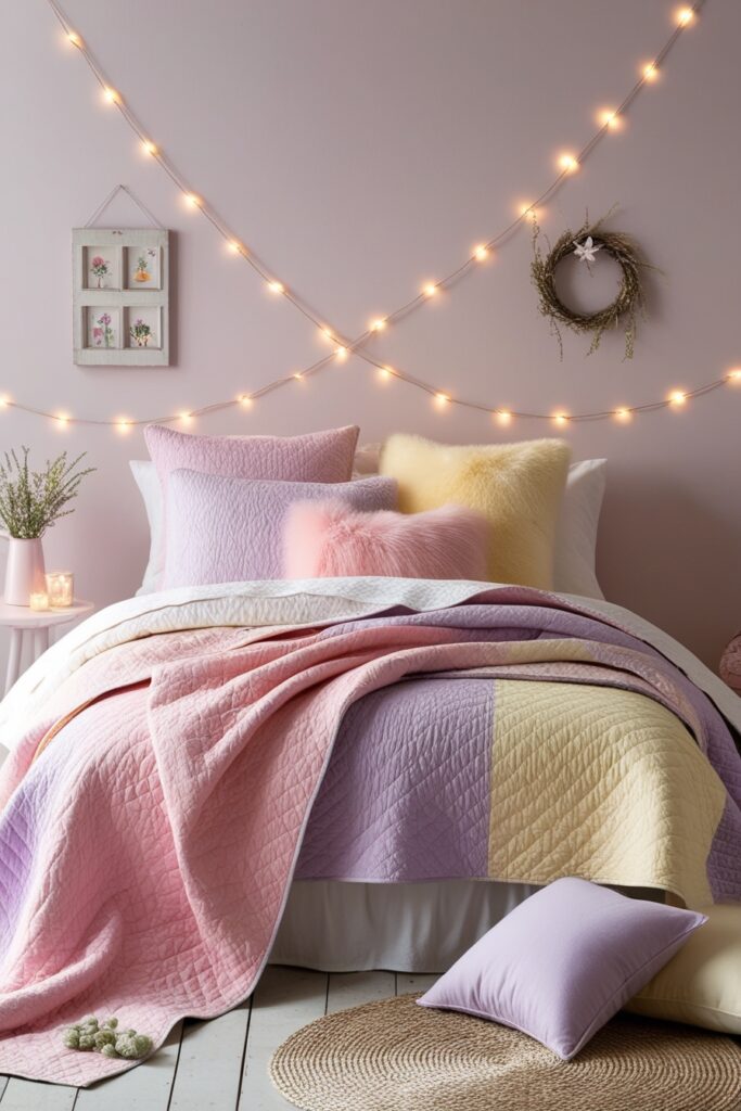 country bedroom with layered patchwork quilts