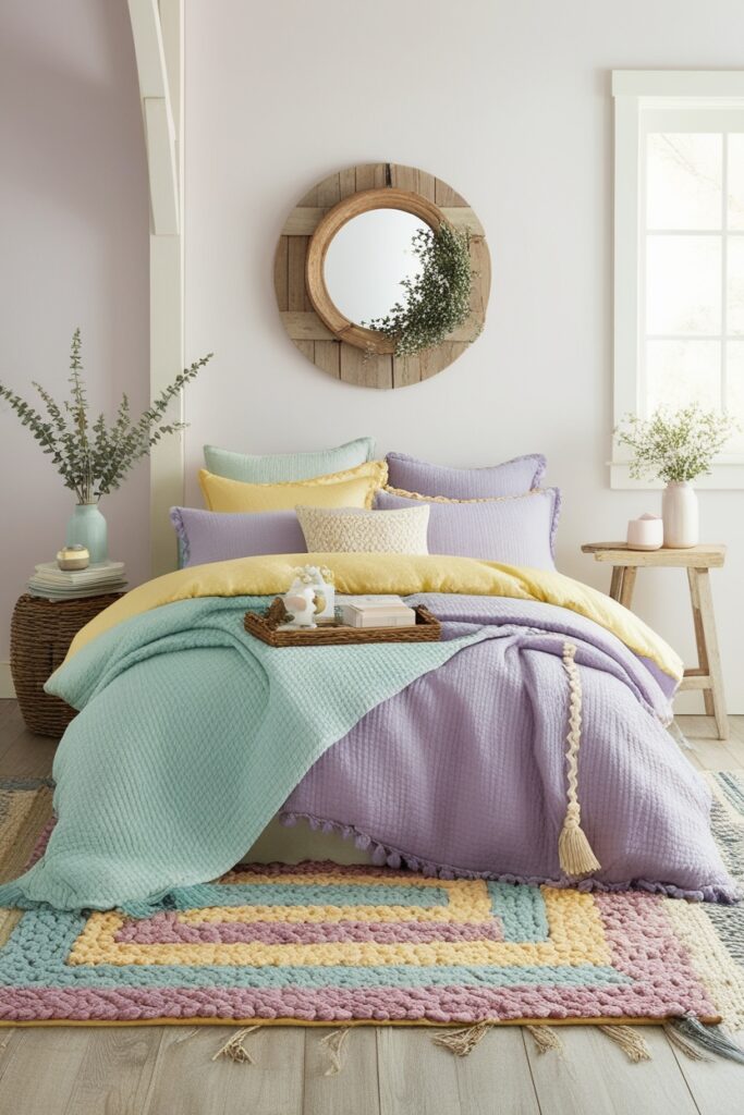 country bedroom with layered rugs in baby blue and mint green