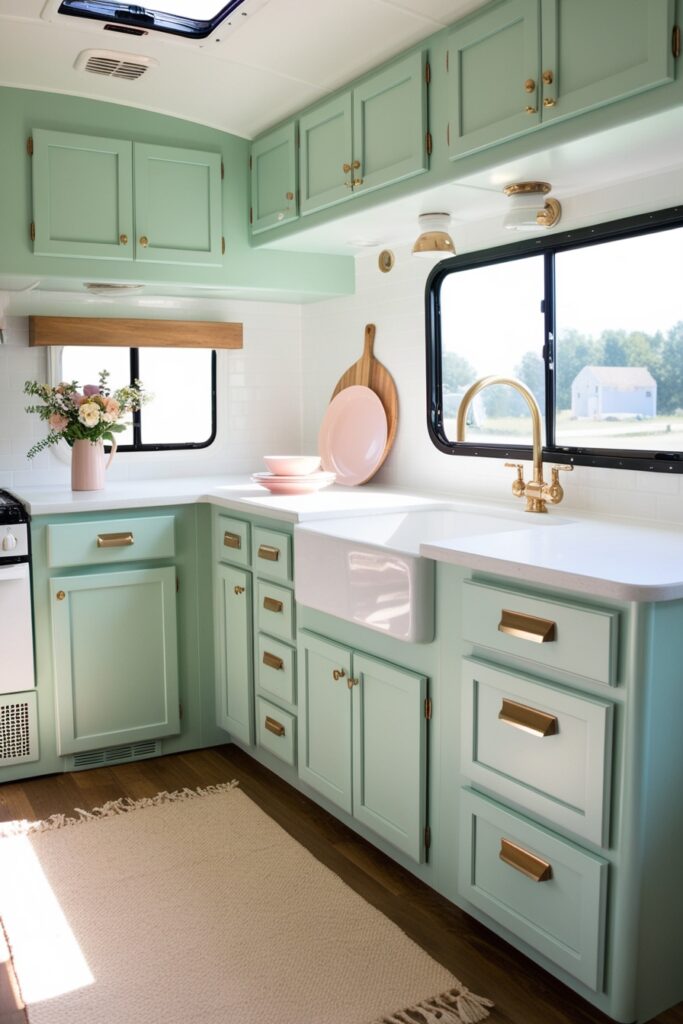 cozy RV kitchen with freshly painted pastel mint green cabinets, white countertops, and brass handles