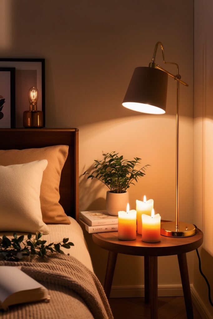 cozy apartment corner at night with warm ambient lighting golden floor lamp, table lamp