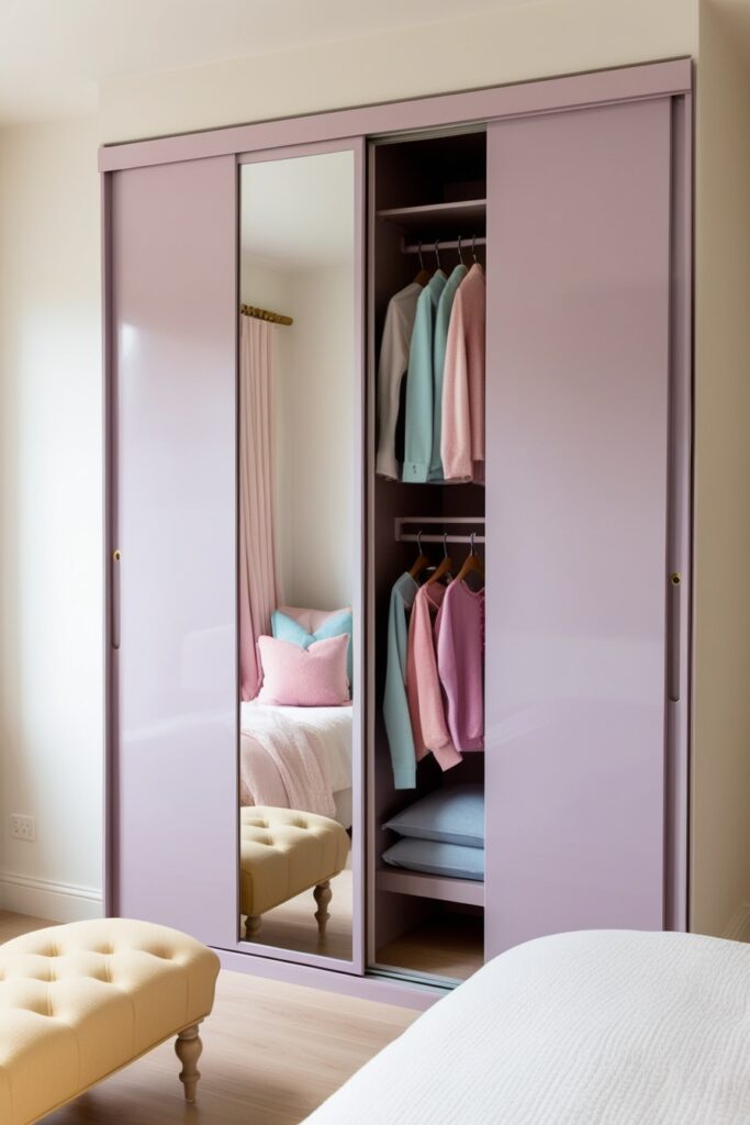 cozy bedroom with a sliding door wardrobe that has pastel lavender glossy doors
