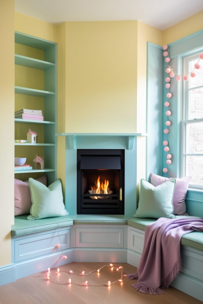 cozy corner fireplace built into a pastel butter yellow wall with built-in shelves