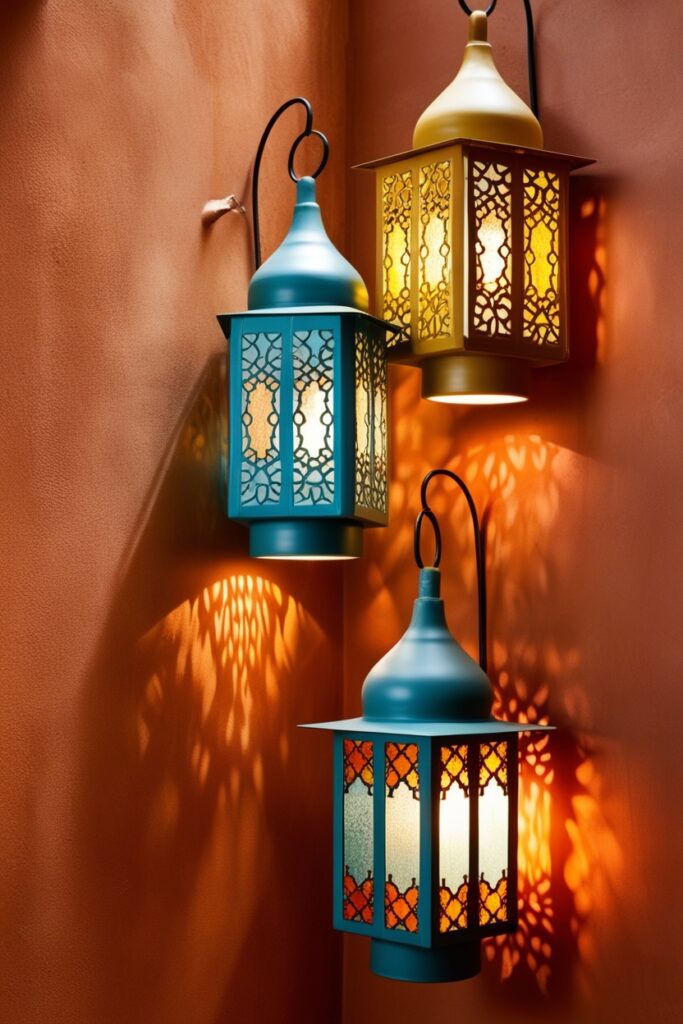 cozy corner with Moroccan lanterns featuring intricate cut-out patterns, hung against a muted terracotta wall