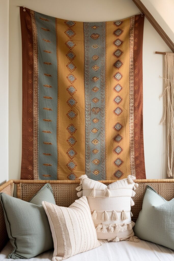 cozy corner with a vintage tapestry featuring ethnic patterns