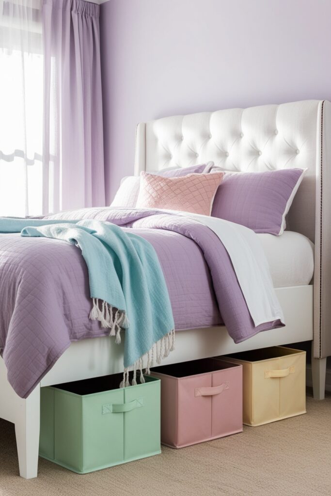 cozy lavender bedroom with under-bed pastel storage bins
