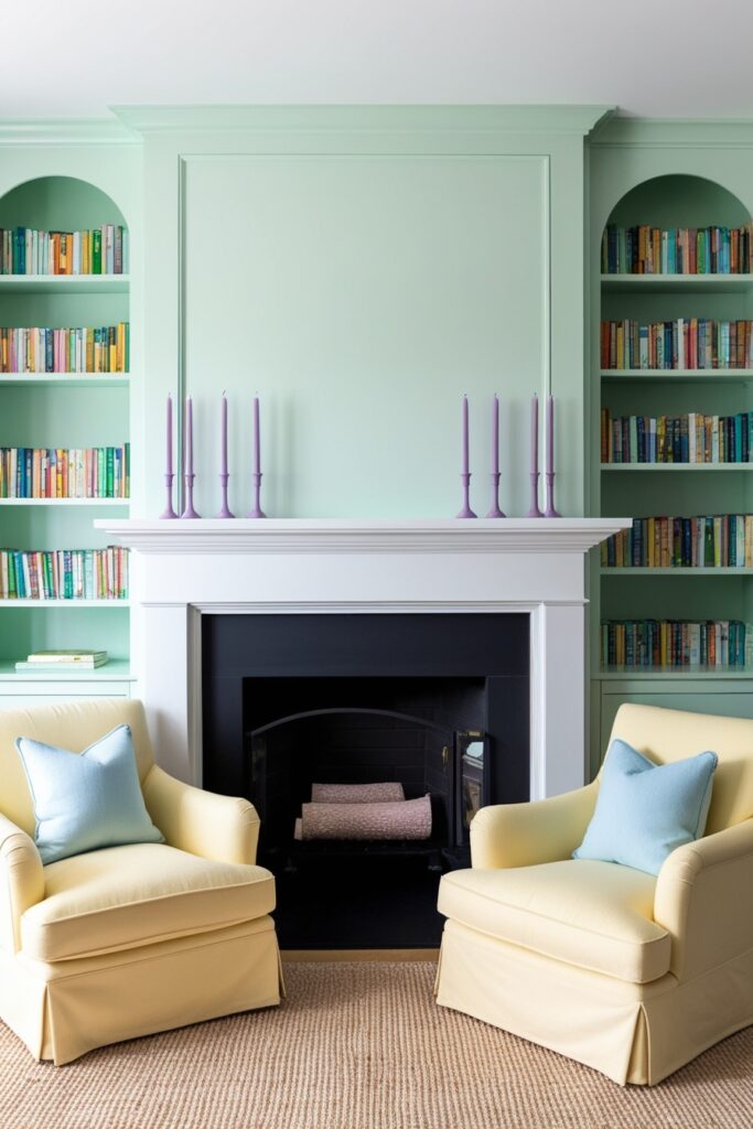 cozy living room featuring a fireplace surrounded by built-in bookshelves painted pastel mint green