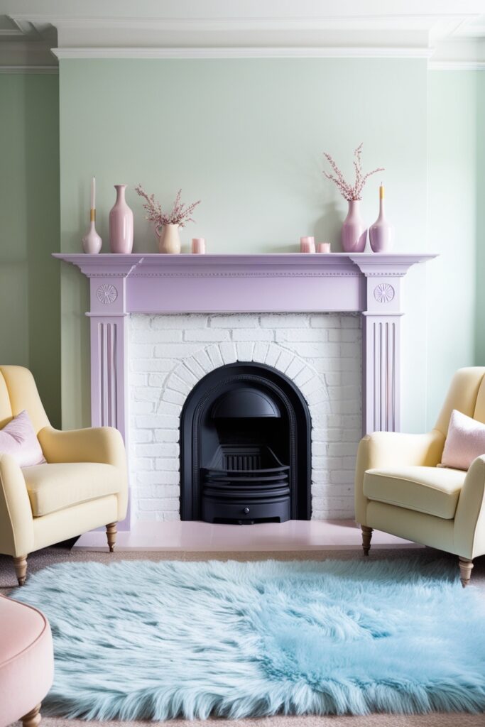 cozy living room with a white-painted classic brick fireplace, styled with a pastel lavender mantel