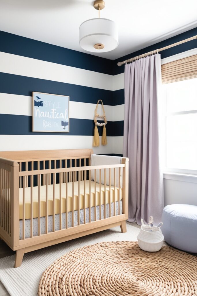 cozy nautical baby nursery with a soft pastel navy and white striped accent wall, light oak crib