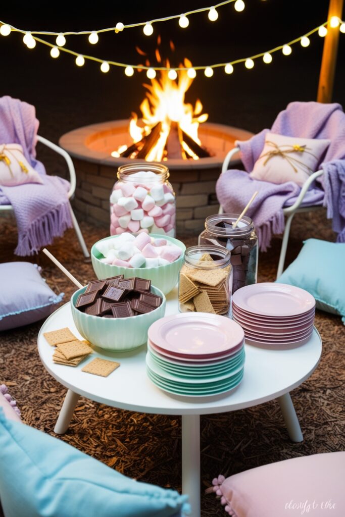 cozy nighttime bonfire scene with a pastel-themed s’mores bar, jars of marshmallows, chocolate, and graham crackers