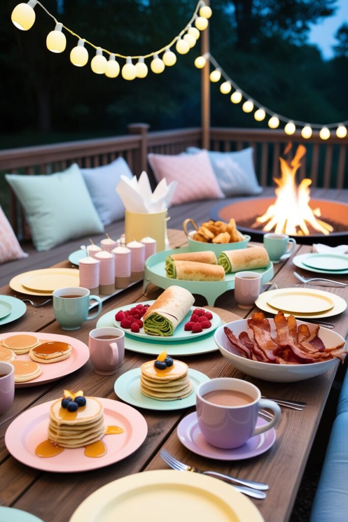 cozy outdoor bonfire party at night with a late-night breakfast bar setup (2)