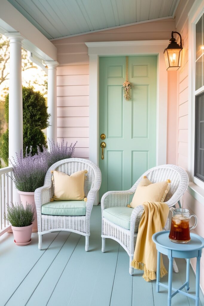 cozy pastel-painted porch with two white wicker chairs, mint green cushions