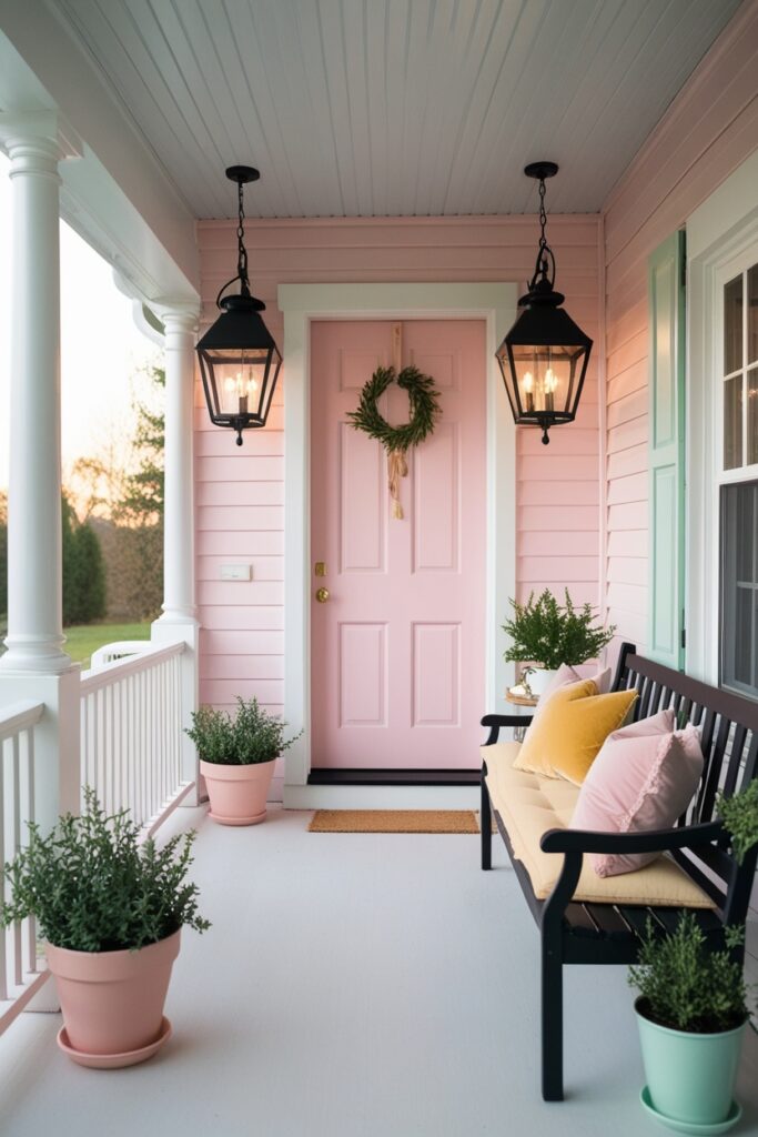 cozy pastel porch with matte black lantern sconces glowing softly
