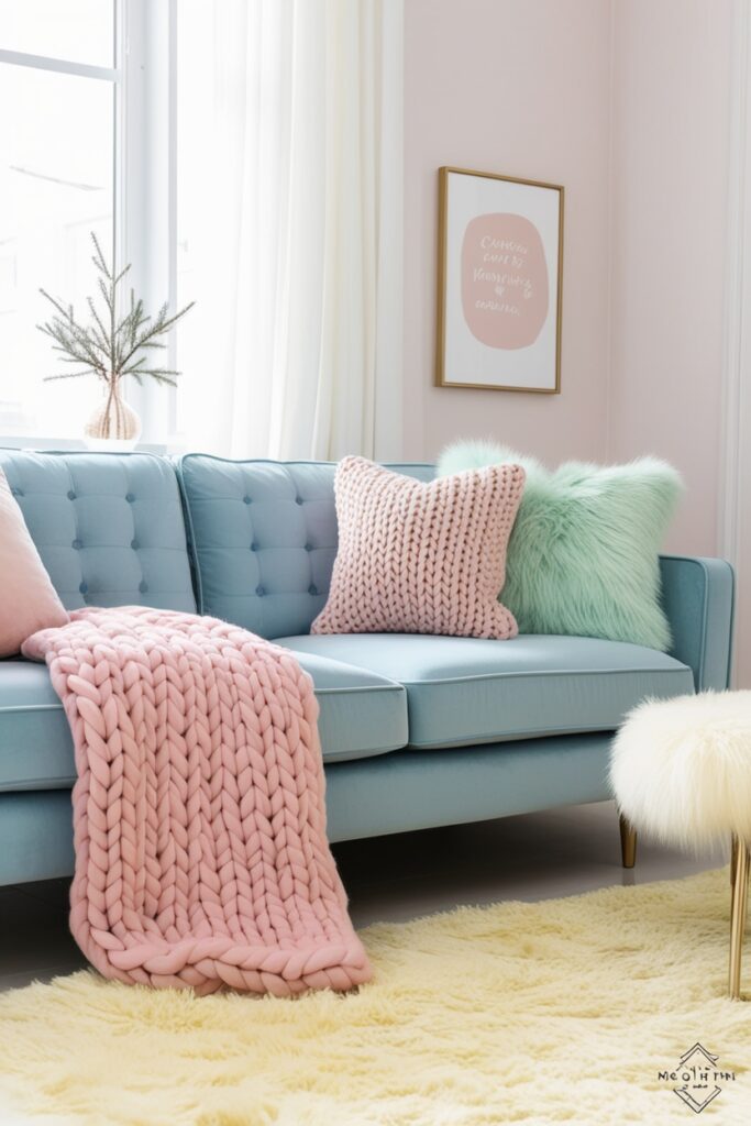 cozy pastel winter living room with layered textures, featuring a baby blue velvet couch