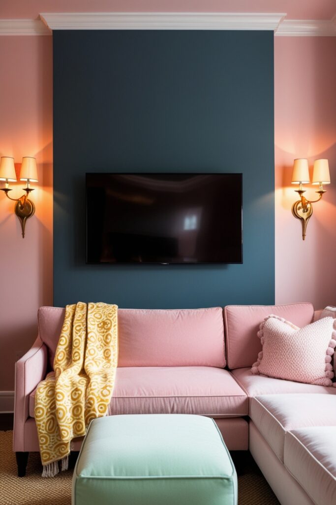 cozy space with a flat-screen TV mounted on a deep pastel navy wall