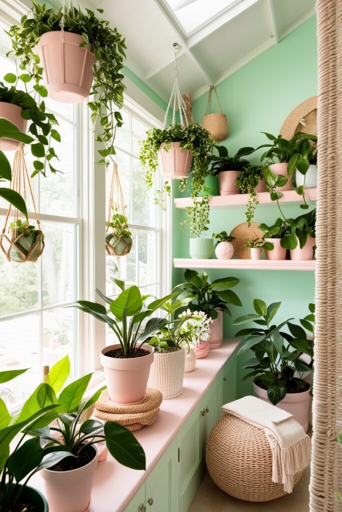 cozy sunroom filled with lush indoor plants, hanging planters, and potted greenery on pastel-toned shelves