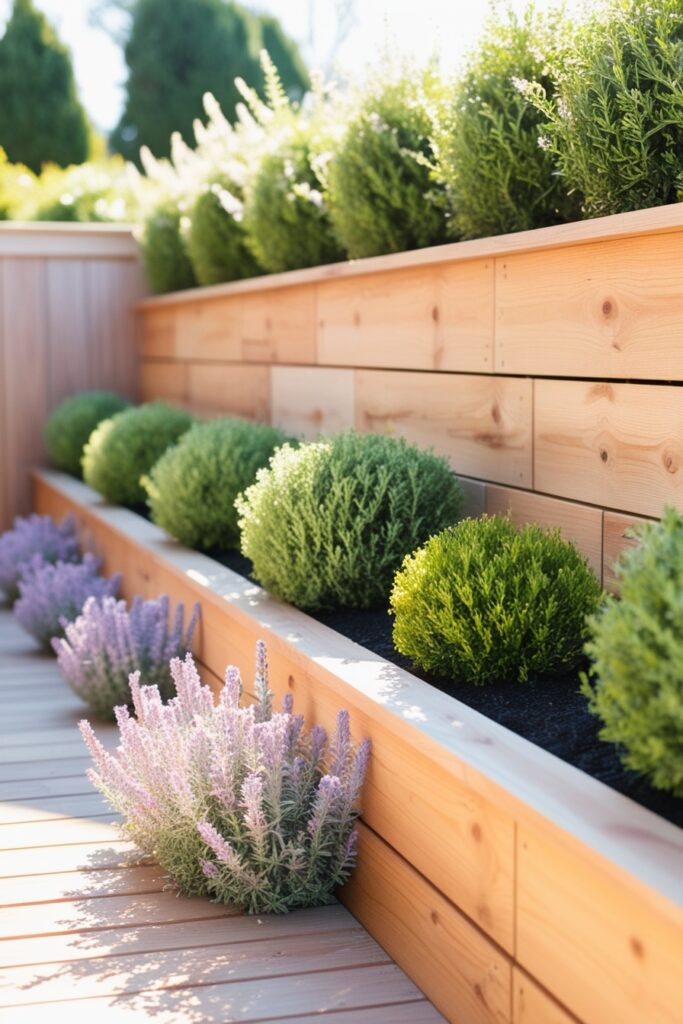 cozy timber retaining wall, surrounded by mint green shrubs and pastel lavender flowers