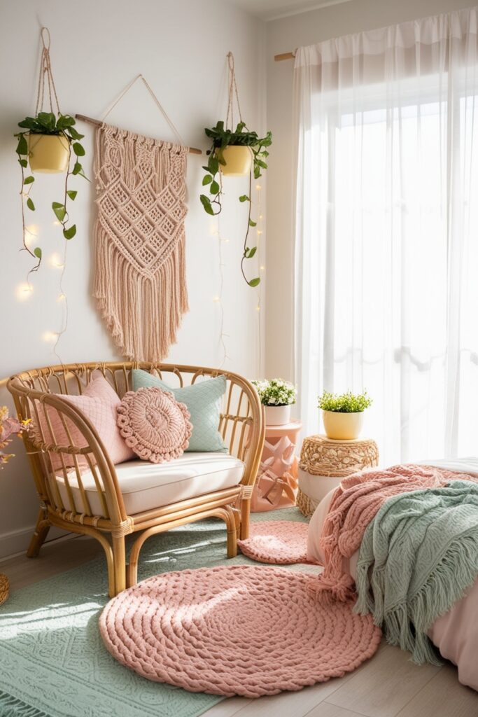 dreamy boho-style bedroom corner with rattan furniture, a macrame wall hanging, and layered rugs