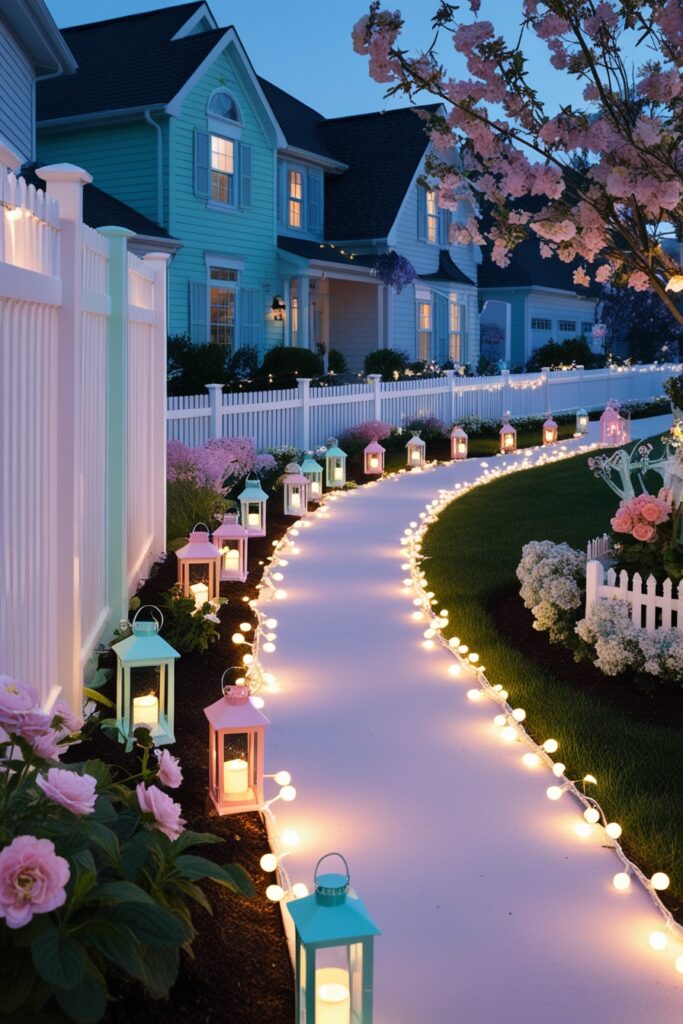 dreamy front yard at dusk with pastel-colored lanterns and fairy lights glowing along a garden path