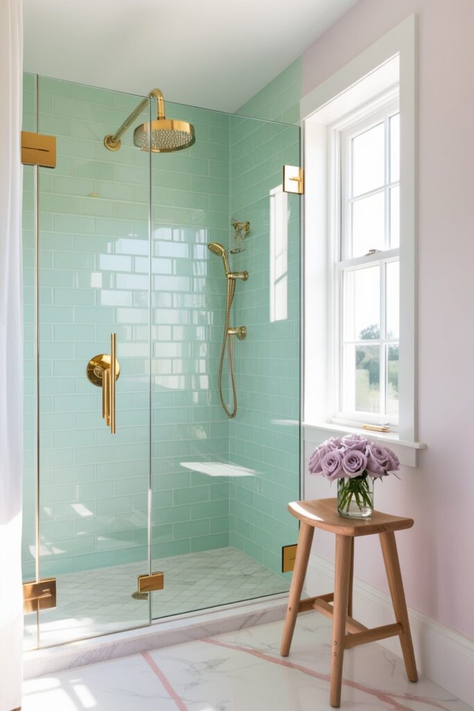 dreamy modern walk-in shower with seamless frameless glass walls and pastel mint green subway tiles