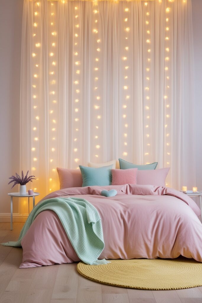 dreamy pastel bedroom with sheer white curtains and warm white fairy lights cascading down