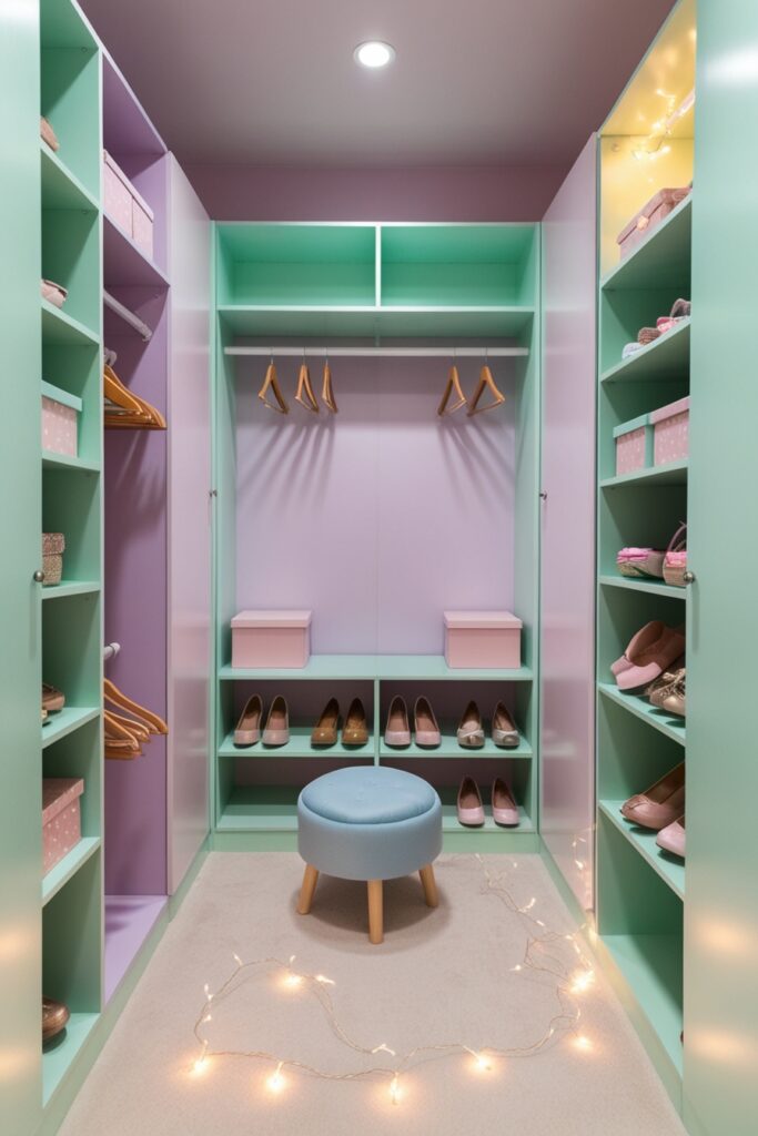 dreamy, pastel-themed walk-in wardrobe with mint green shelves and lavender walls