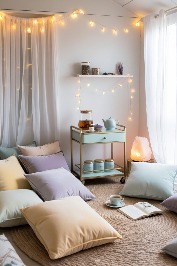 dreamy she shed interior styled as a tea and mindfulness sanctuary. Floor seating with plush pastel cushions