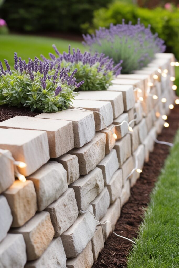 dry-stacked stone retaining wall in a pastel flower garden