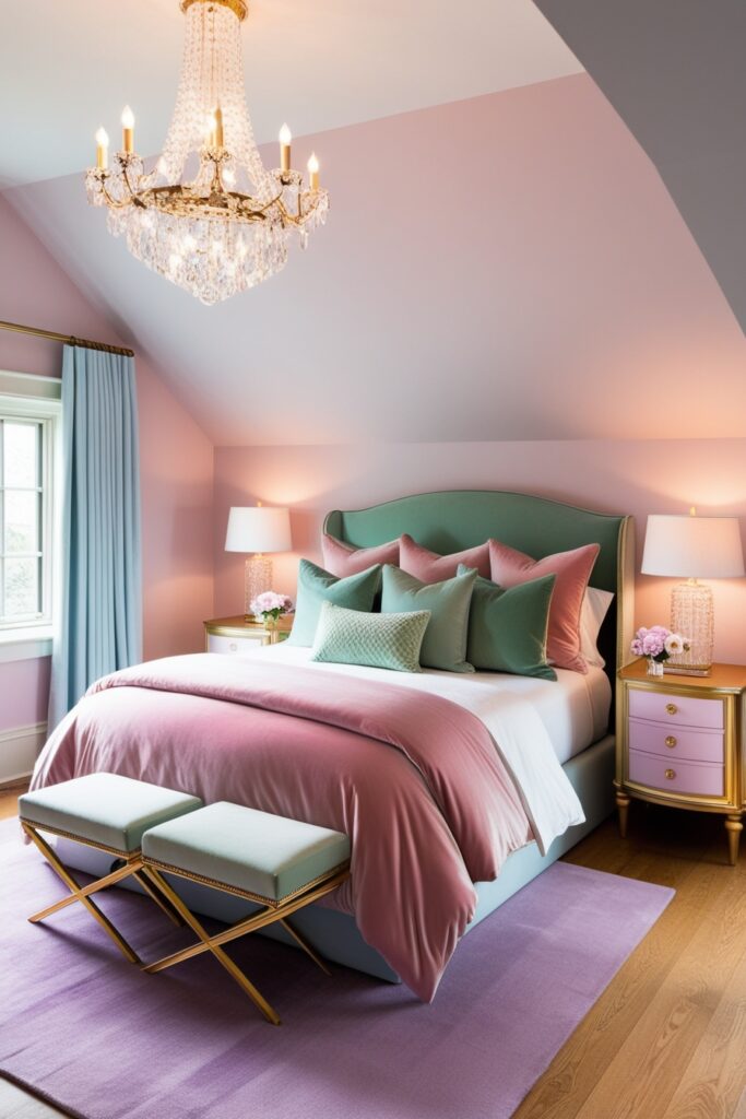 elegant attic bedroom with blush pink velvet bedding, mint green accent pillows, lavender area rug