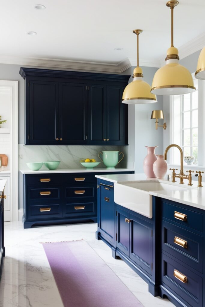 elegant kitchen with deep navy-blue cabinets accented by brushed brass hardware and fixtures