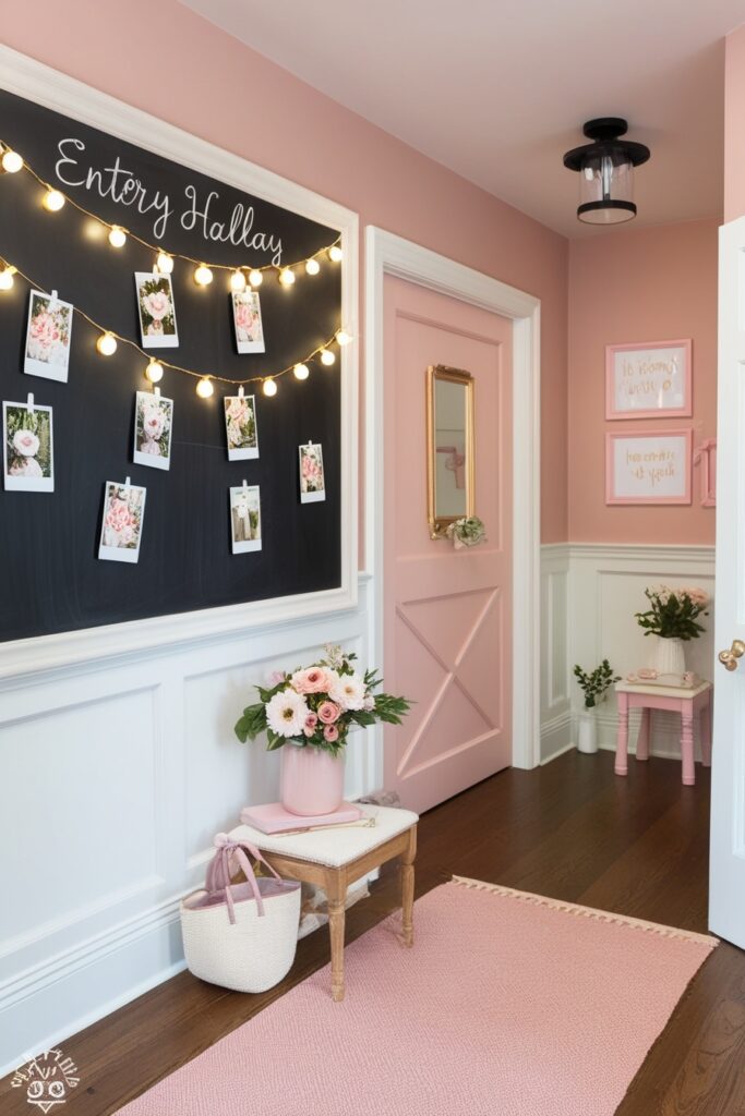 entry hallway with a chalkboard wall in blush pink, custom notes, polaroids strung with fairy lights