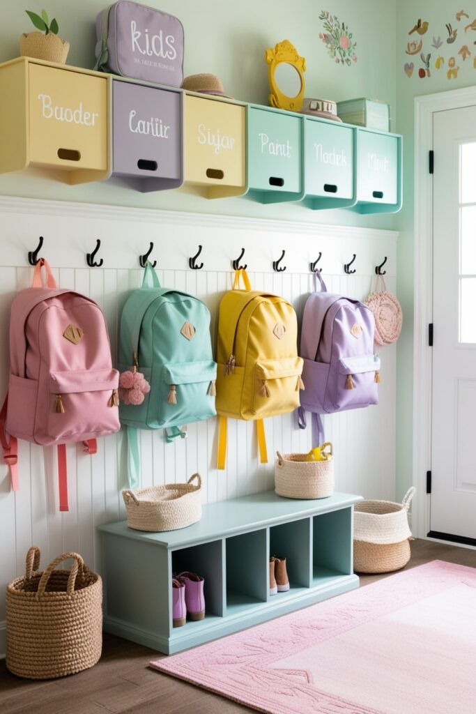 entryway with cute wall hooks and cubbies, each labeled with kids’ names in playful fonts