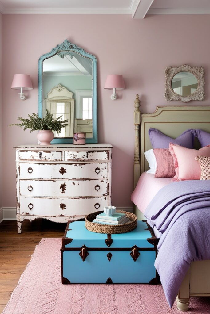 farmhouse bedroom with antique vintage furniture, distressed white dresser
