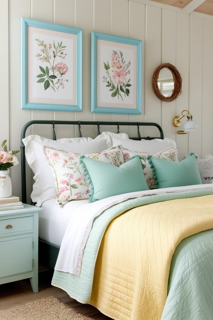 farmhouse bedroom with pastel-toned botanical prints on the wall