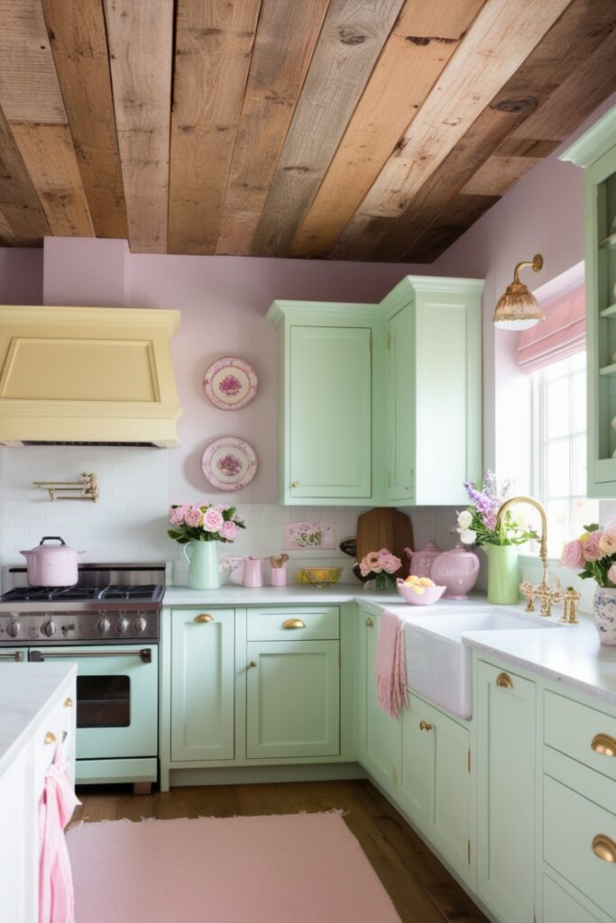 farmhouse kitchen with reclaimed wood planks on the ceiling