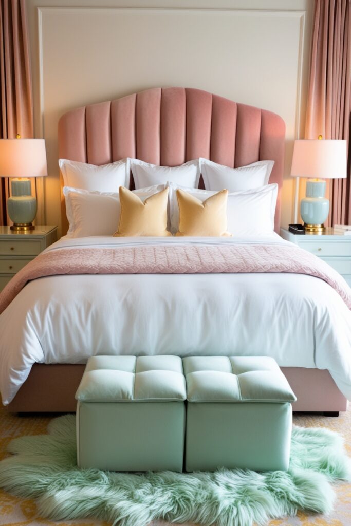 feminine bedroom styled like a luxury hotel suite with a blush velvet padded headboard