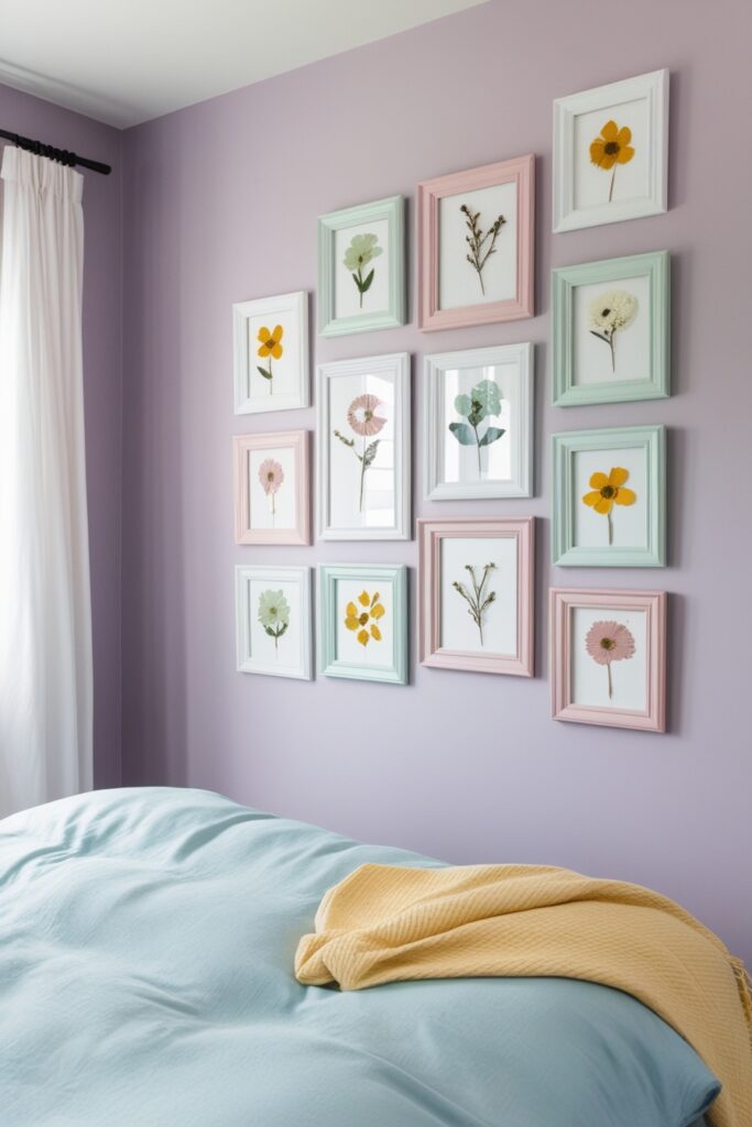 feminine bedroom with a pastel lavender wall showcasing a curated gallery wall of art prints