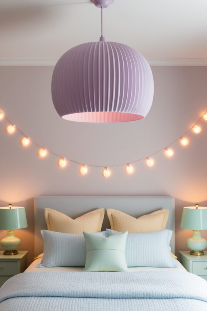 feminine bedroom with layered lighting — a statement pastel lavender pendant