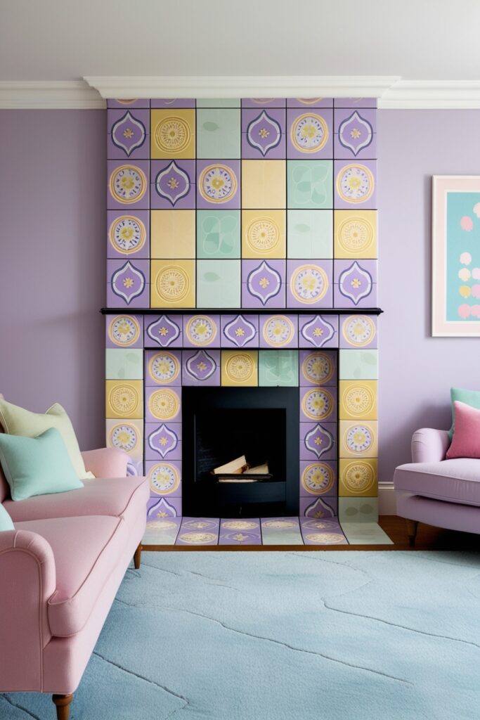 fireplace with a vibrant tile surround featuring pastel patterns