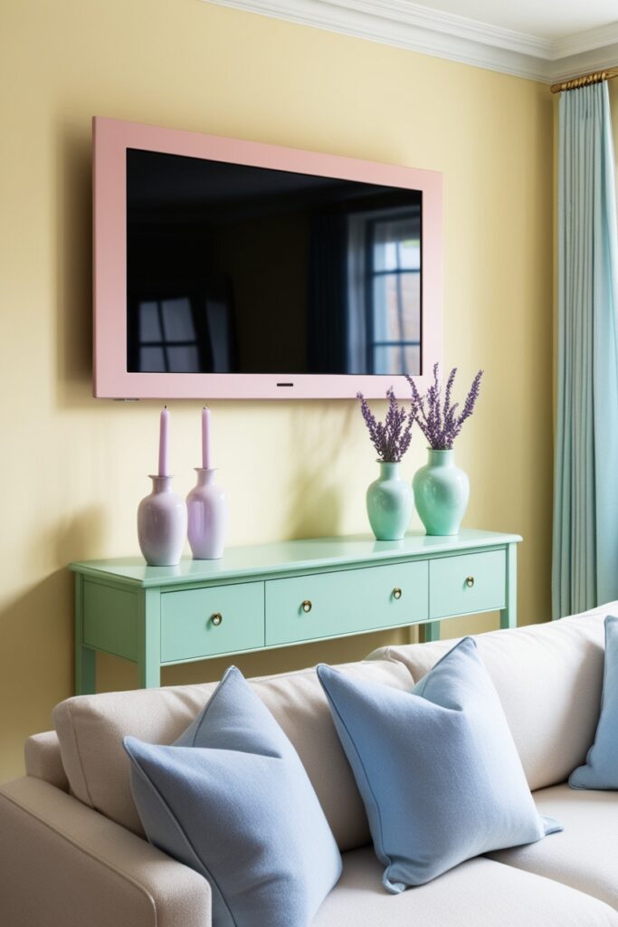 flat-screen TV with a slim blush pink frame mounted on a butter yellow wall
