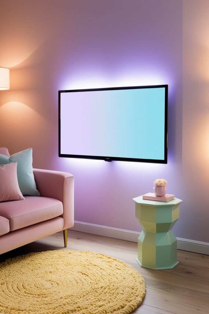 flat-screen TV with soft pastel backlighting in lavender and baby blue