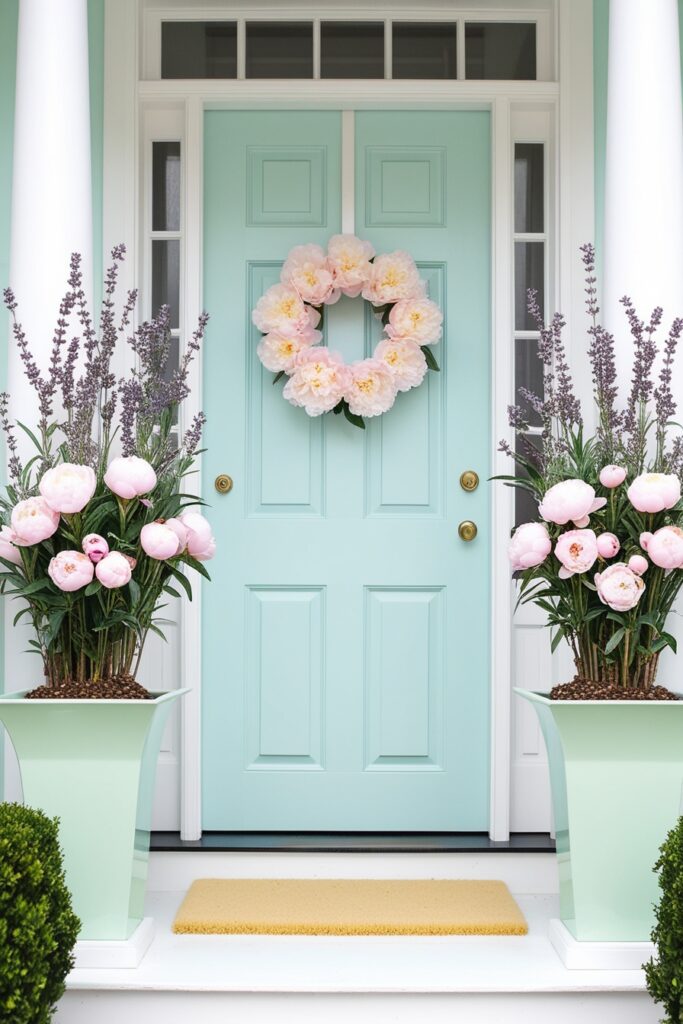 front door in baby blue, framed with tall matching planters