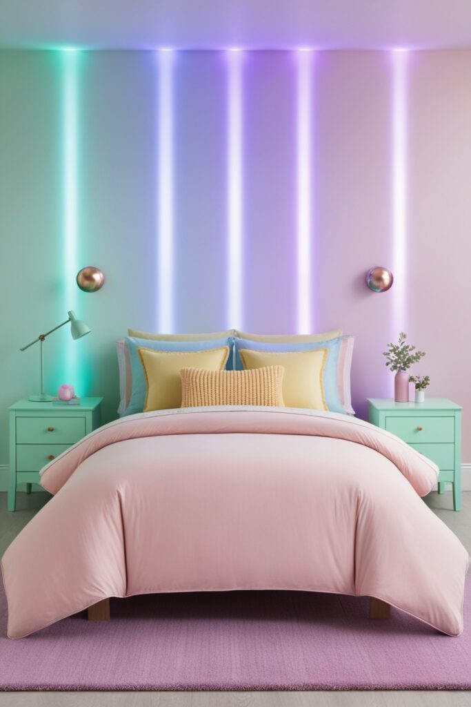 fun pastel bedroom with LED mood lights set to gradient tones