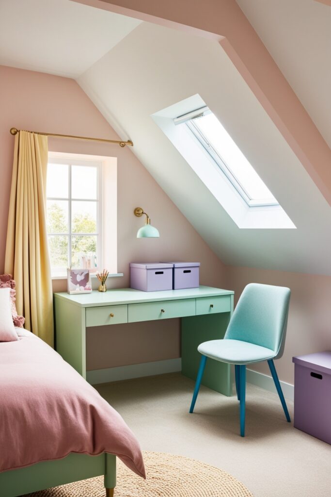 functional attic bedroom with a mint green desk under a skylight, blush pink bed