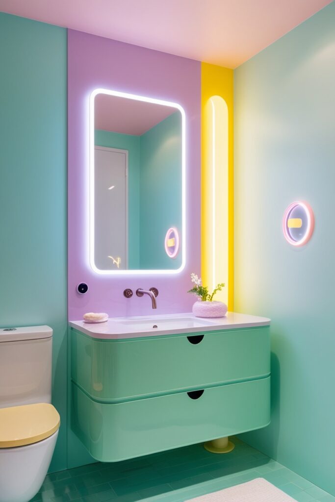 futuristic bathroom in pastel shades—mint green smart vanity, lavender LED lights glowing