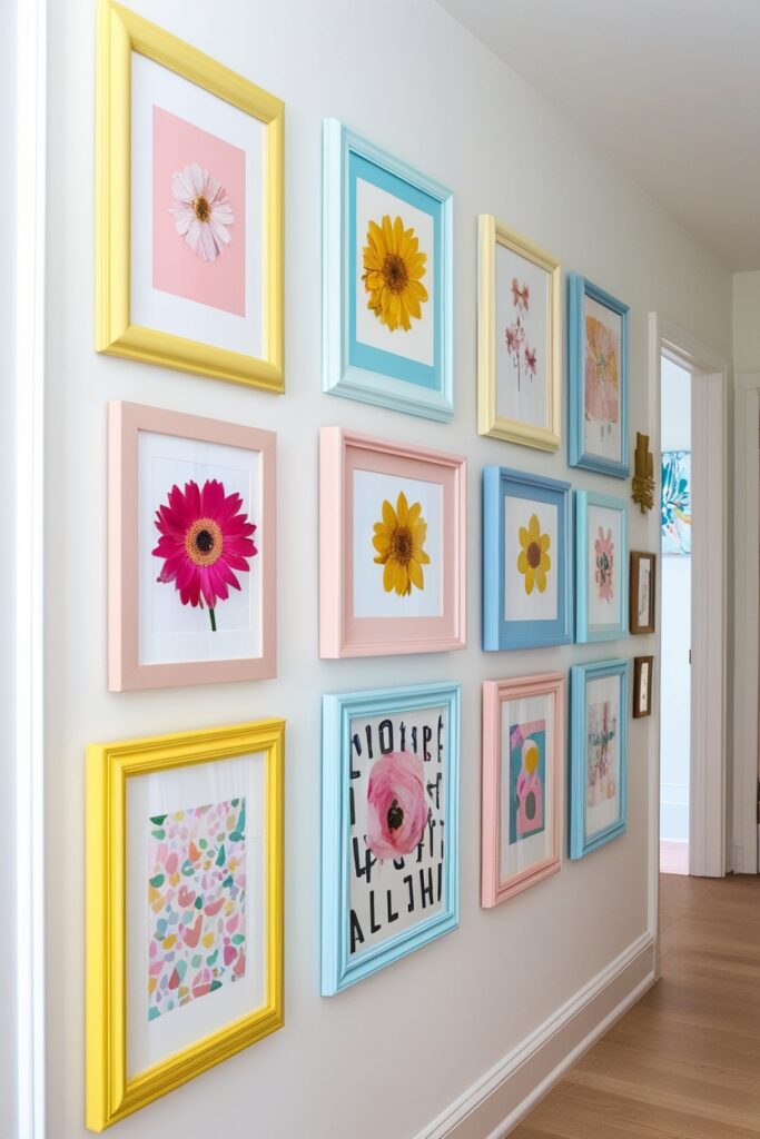 gallery wall in a pastel-toned hallway with mismatched frames